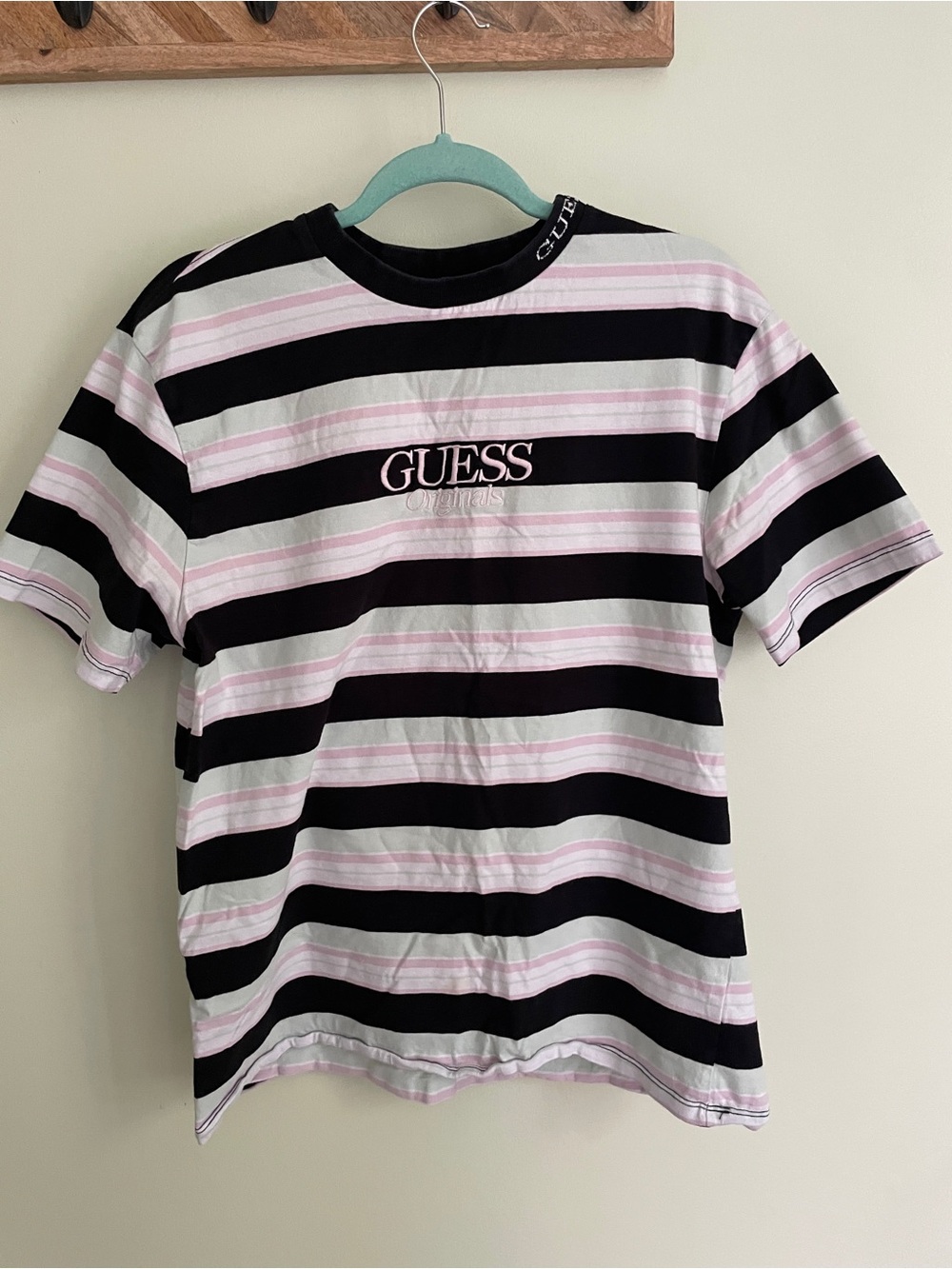 Guess Black, White & Light Pink Striped Logo Tee
